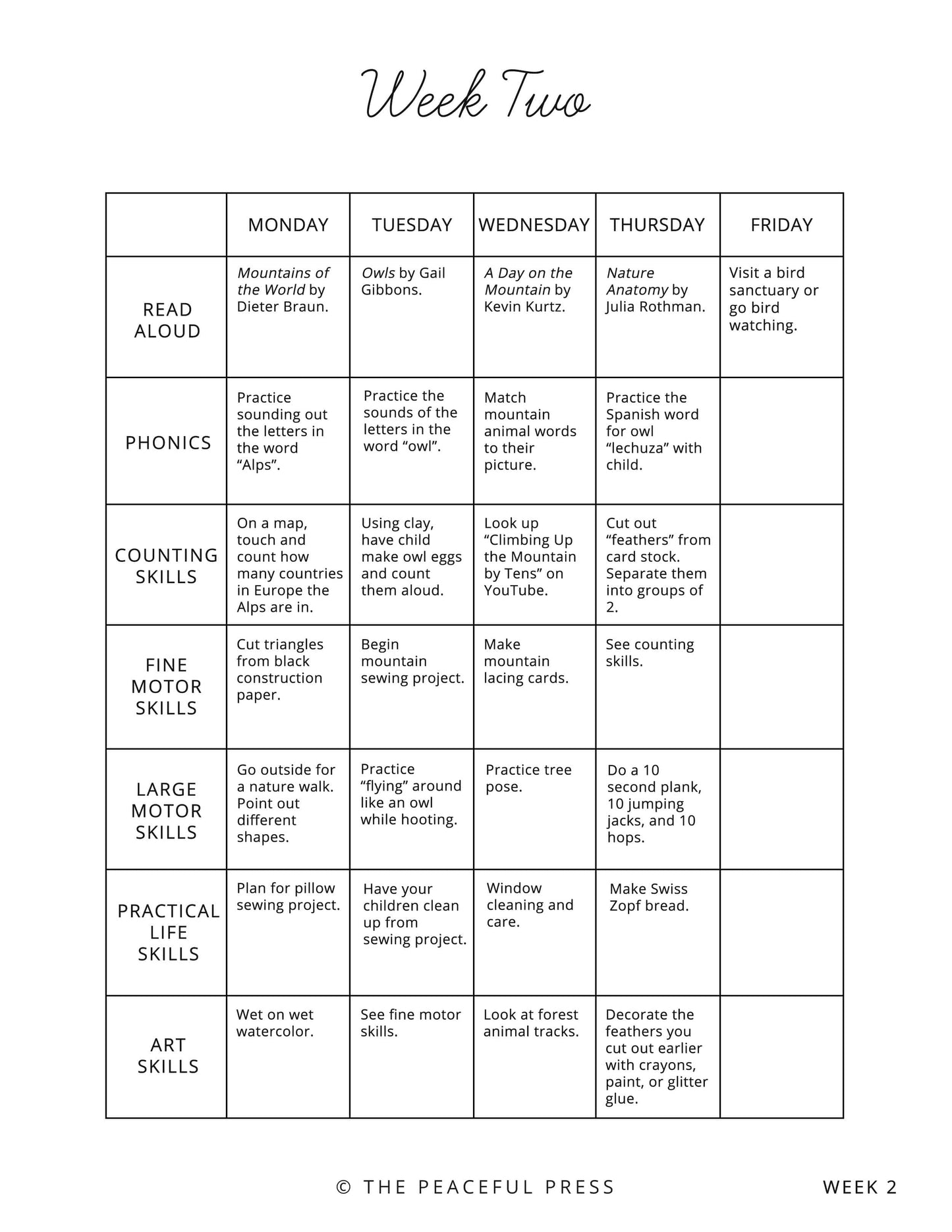 A sample week schedule for a kindergarten homeschool program.