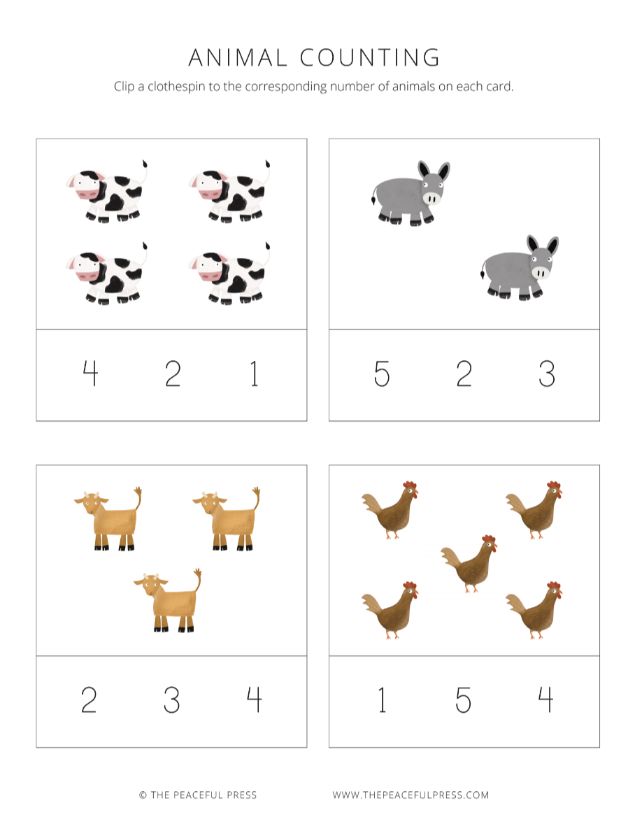 A sample sheet from the 12 Days of Christmas Homeschool Guide, animal counting flash cards.