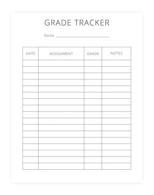 A grade tracker sample sheet from a homeschool planner,