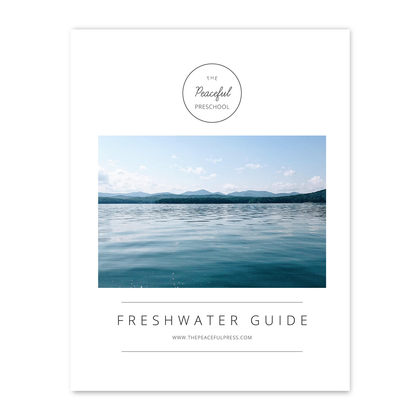 Cover art of the kindergarten homeschool "Freshwater Guide", a mountain lake on a white background.