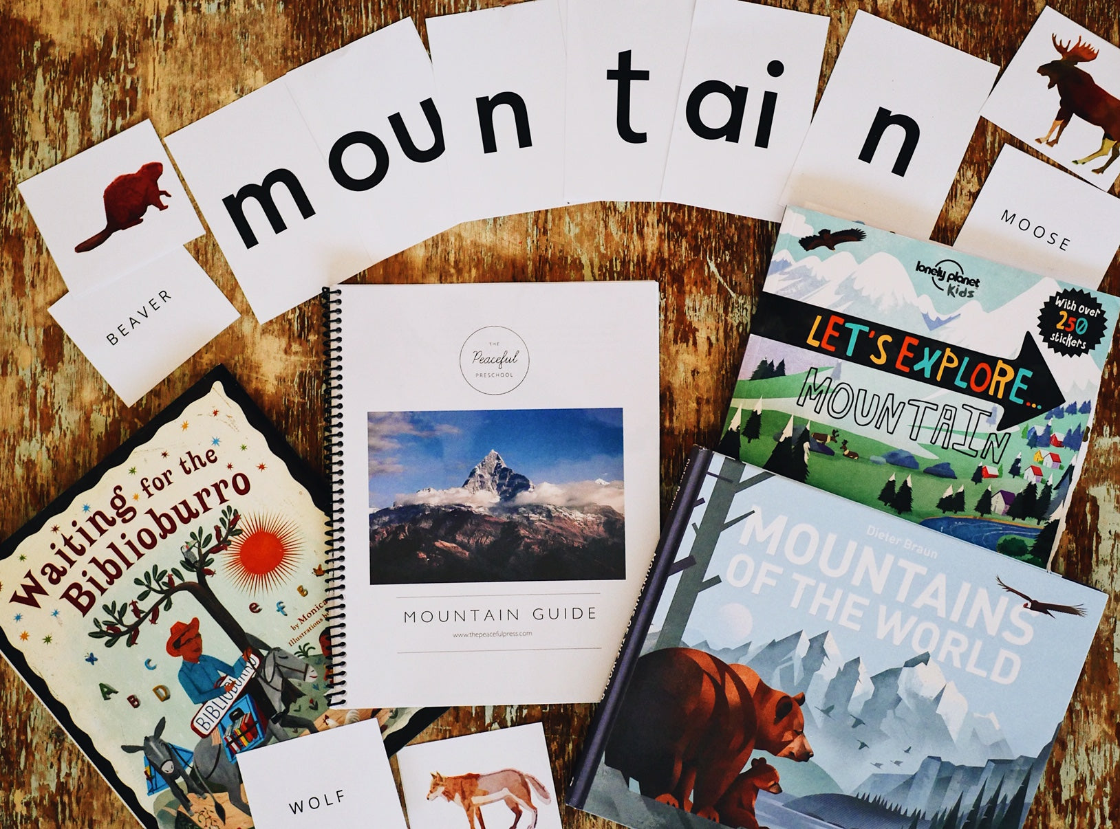 A sample of mountain themed homeschool material, such as books and flash cards, on a wooden table.