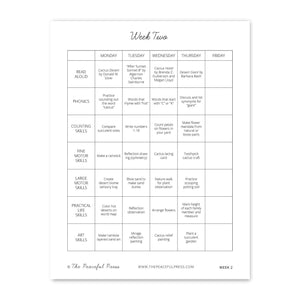 A Week Long Homeschool Calendar for the Desert Guide Kindergarten course.