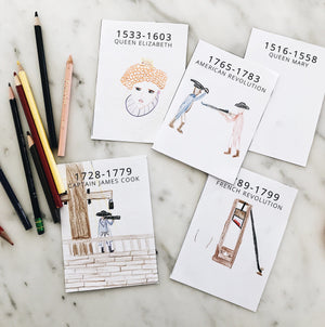 Homeschool timeline cards with hand drawn pictures of the events on the cards.