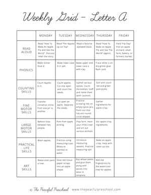 A weekly homeschool schedule grid sample for a week focused on the letter 'A'.