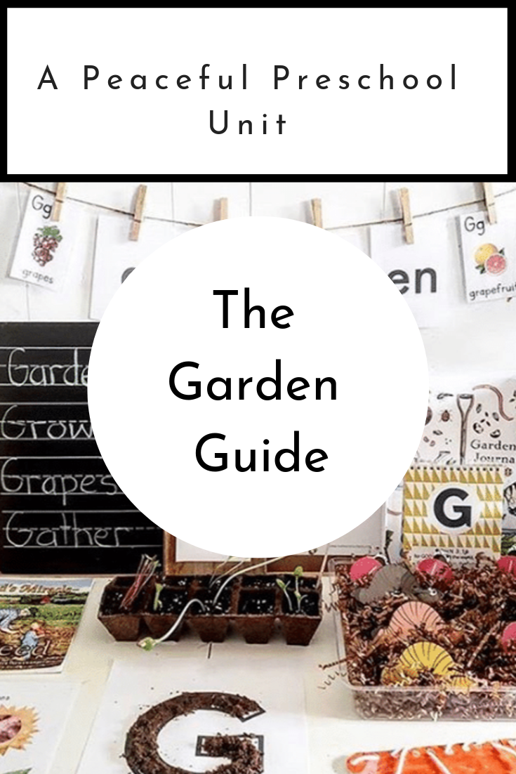 The Garden Guide Cover Art, garden themed homeschool supplies on a bench next to seedlings and materials about the letter "G".