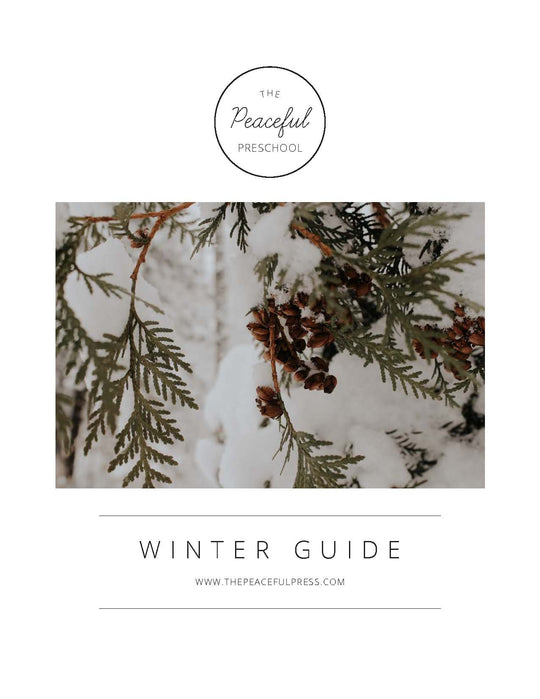 The Cover Art for the 4 week homeschool Winter Guide, a picture of snow covered pine needles.