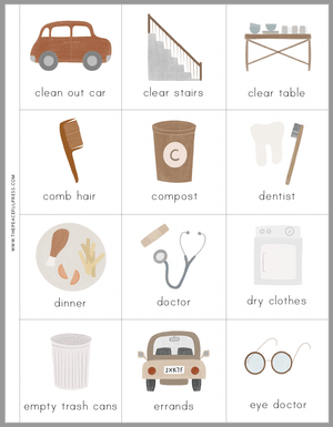 Colored in 3x4 grid of chores such as cleaning out the car, dry clothes, clear stairs etc. 