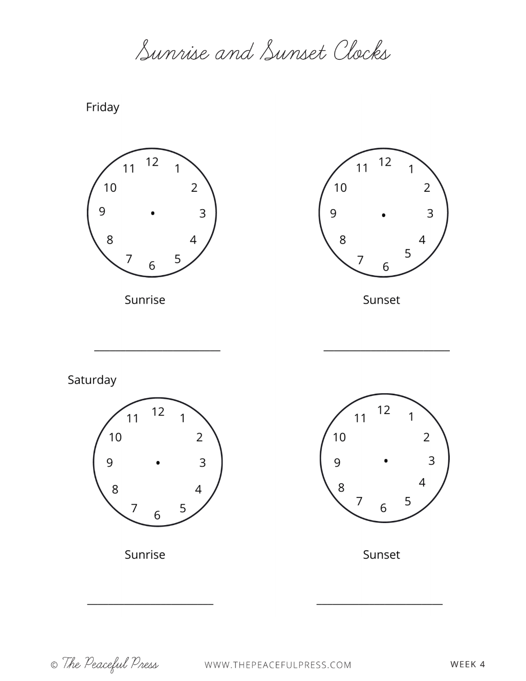 Homeschool Sample Worksheet, Sunrise and Sunset Clocks.