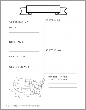 Sample sheet from Playful Pioneers Homeschool Curriculum. State Worksheet, with fields for Name, Abbreviation, Nickname, Motto, Map, Flag, Capital etc.