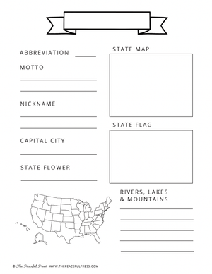 Sample sheet from Playful Pioneers Homeschool Curriculum. State Worksheet, with fields for Name, Abbreviation, Nickname, Motto, Map, Flag, Capital etc.