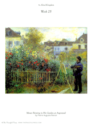 A sample from the Peaceful Preschool's homeschool Fine Art Memo Game. Claude Monet Painting in His Garden at Argenteuil. Painting by Pierre-Auguste Renoir