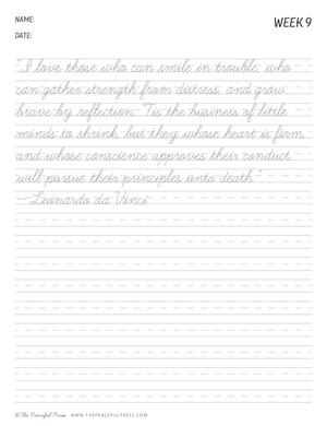 Homeschool Handwriting Worksheet, with a quote from Leonardo da Vinci.