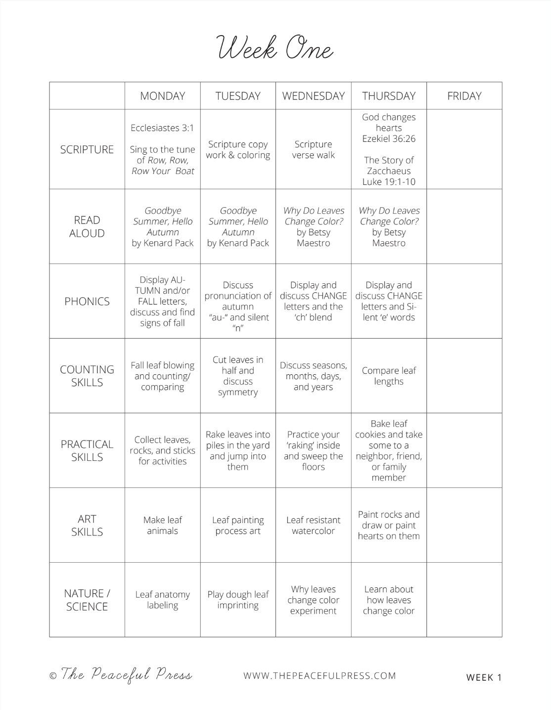 A sample week long grid organizing homeschool activities.