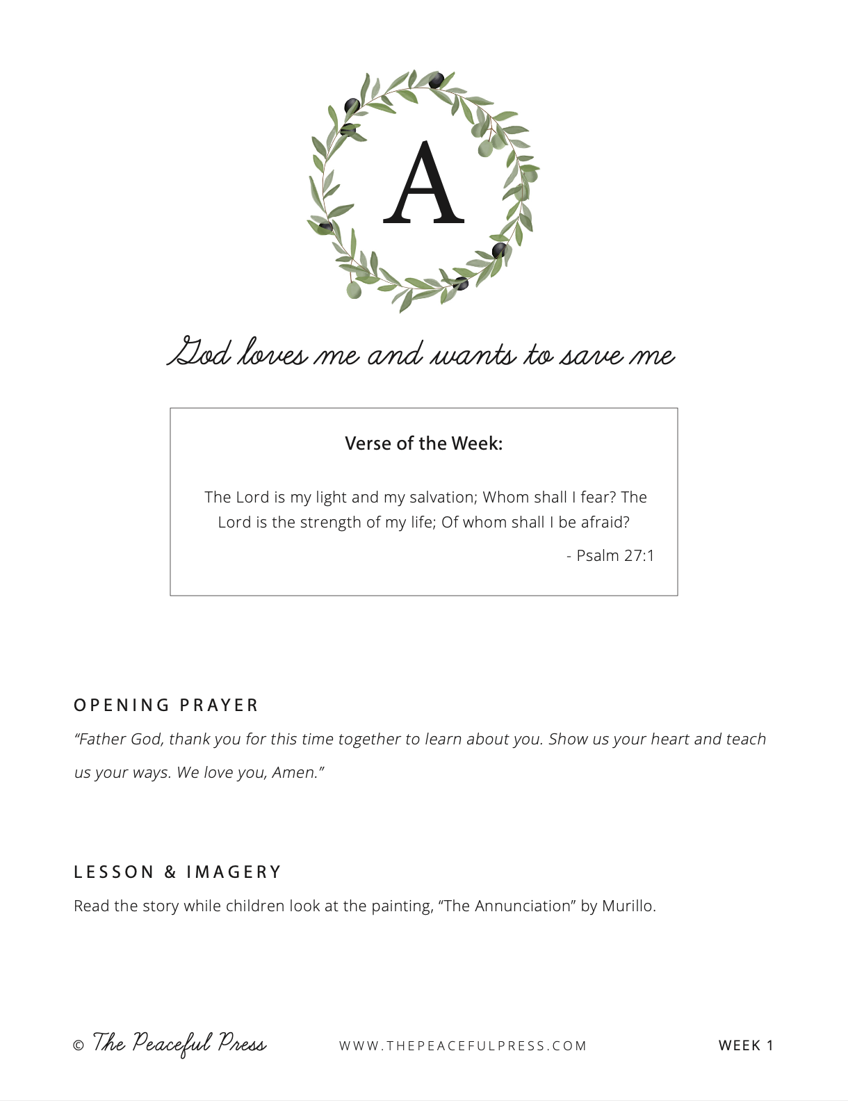 Homeschool Sample Sheet, Week 1, letter A, verse and prayer.