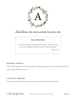 Homeschool Sample Sheet, Week 1, letter A, verse and prayer.