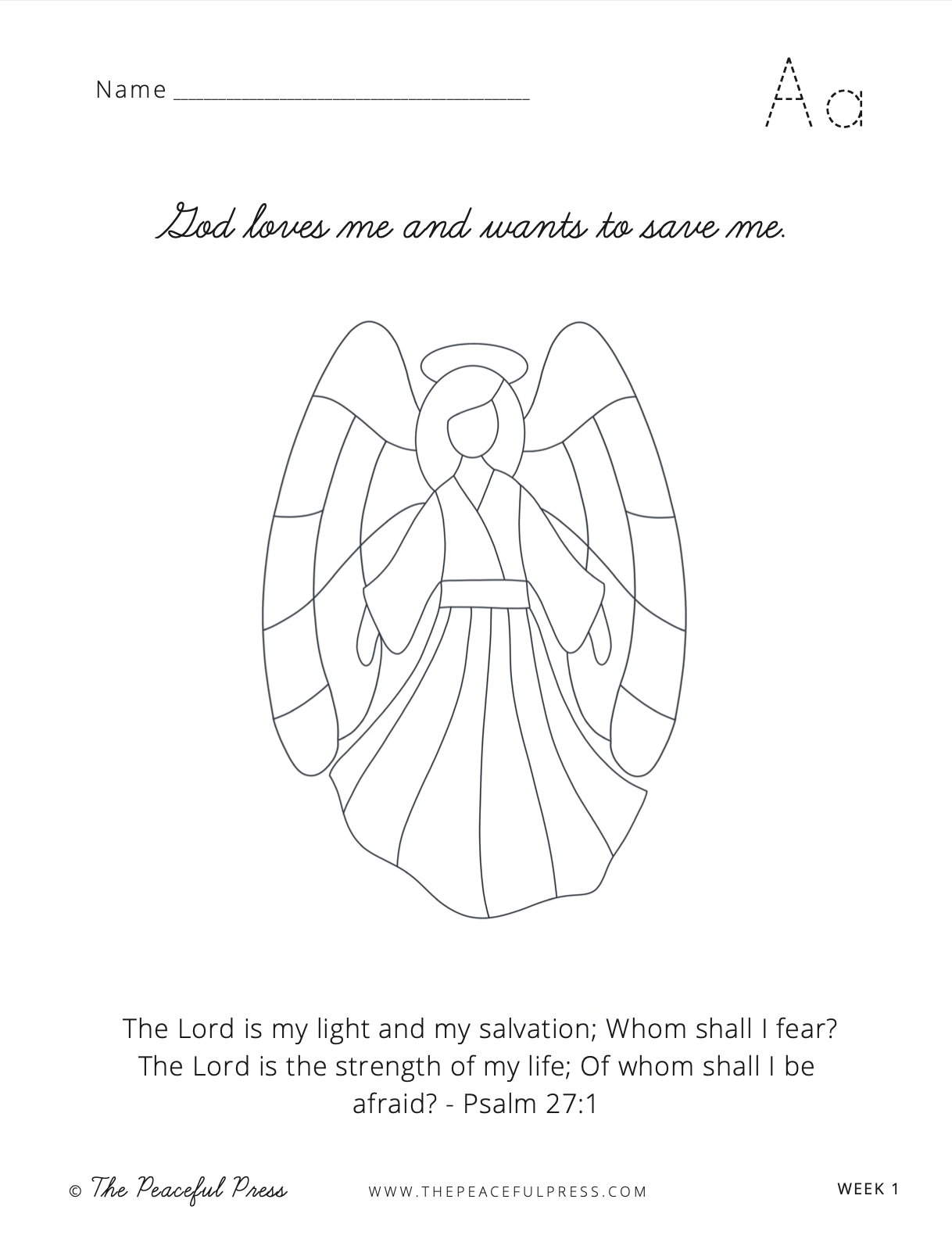 Homeschool art sheet and memory verse, stained glass angel with Psalm 27:1