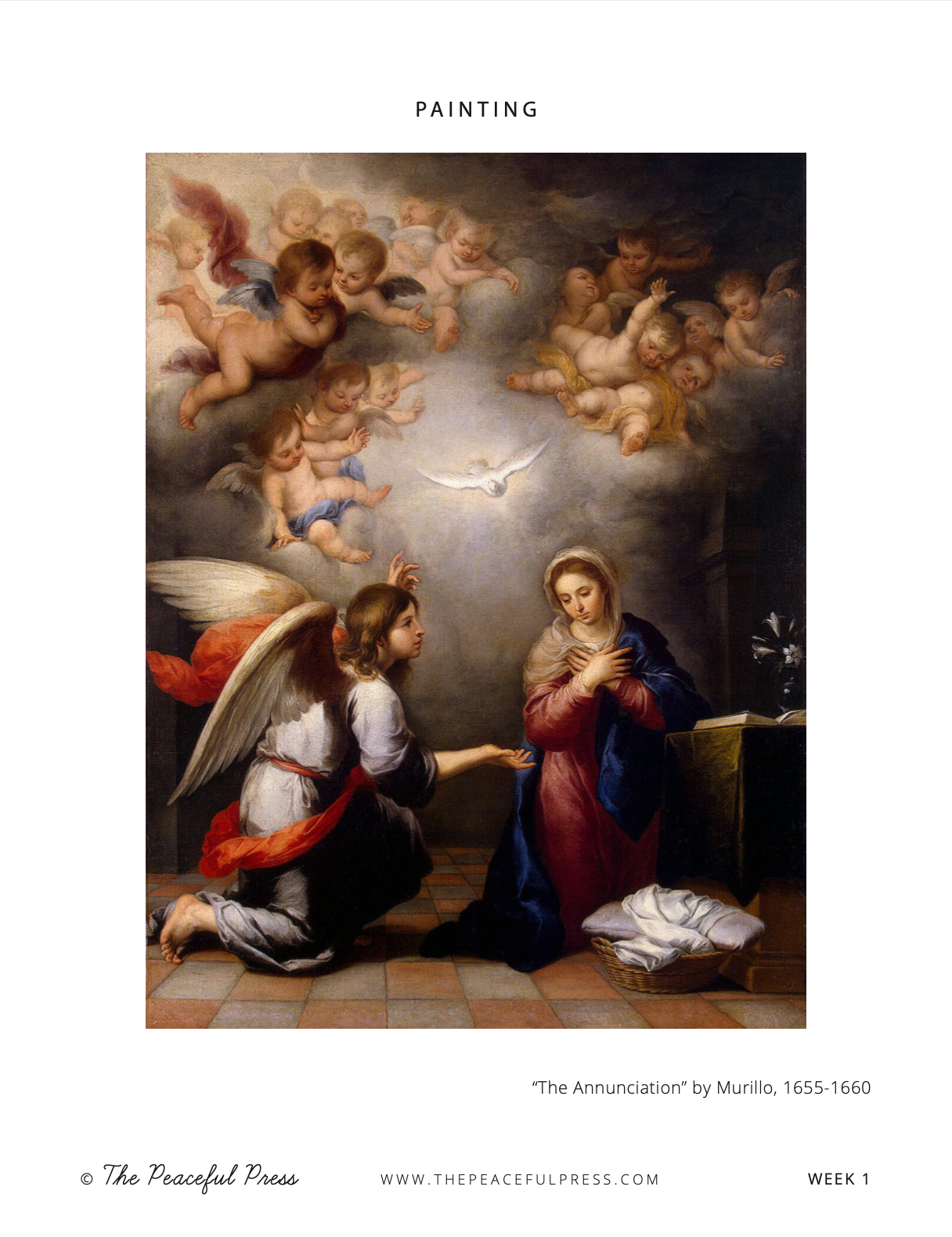 Good Gospel Homeschool sample, week 1, artwork, "The Annunciation" by Murillo.