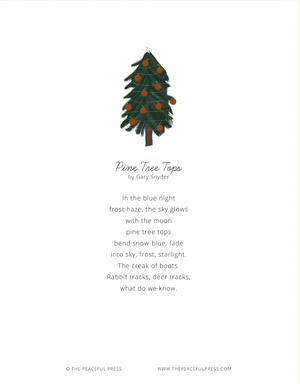 A sample from the Homeschool 12 days of Christmas Guide. A pine tree with red ornaments above the poem "Pine Tree Tops" by Gary Snyder.