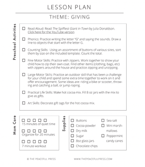 Sample Lesson Plan for the Homeschool "12 Days of Christmas" Guide. Includes a list of Christmas Themed Preschool activities, mom care activities, and a supply list.