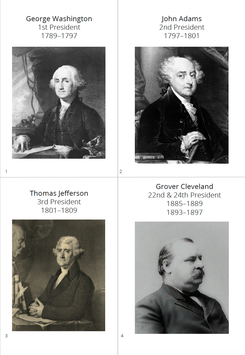 Four black and white portraits of U.S. Presidents with their names and terms of office.