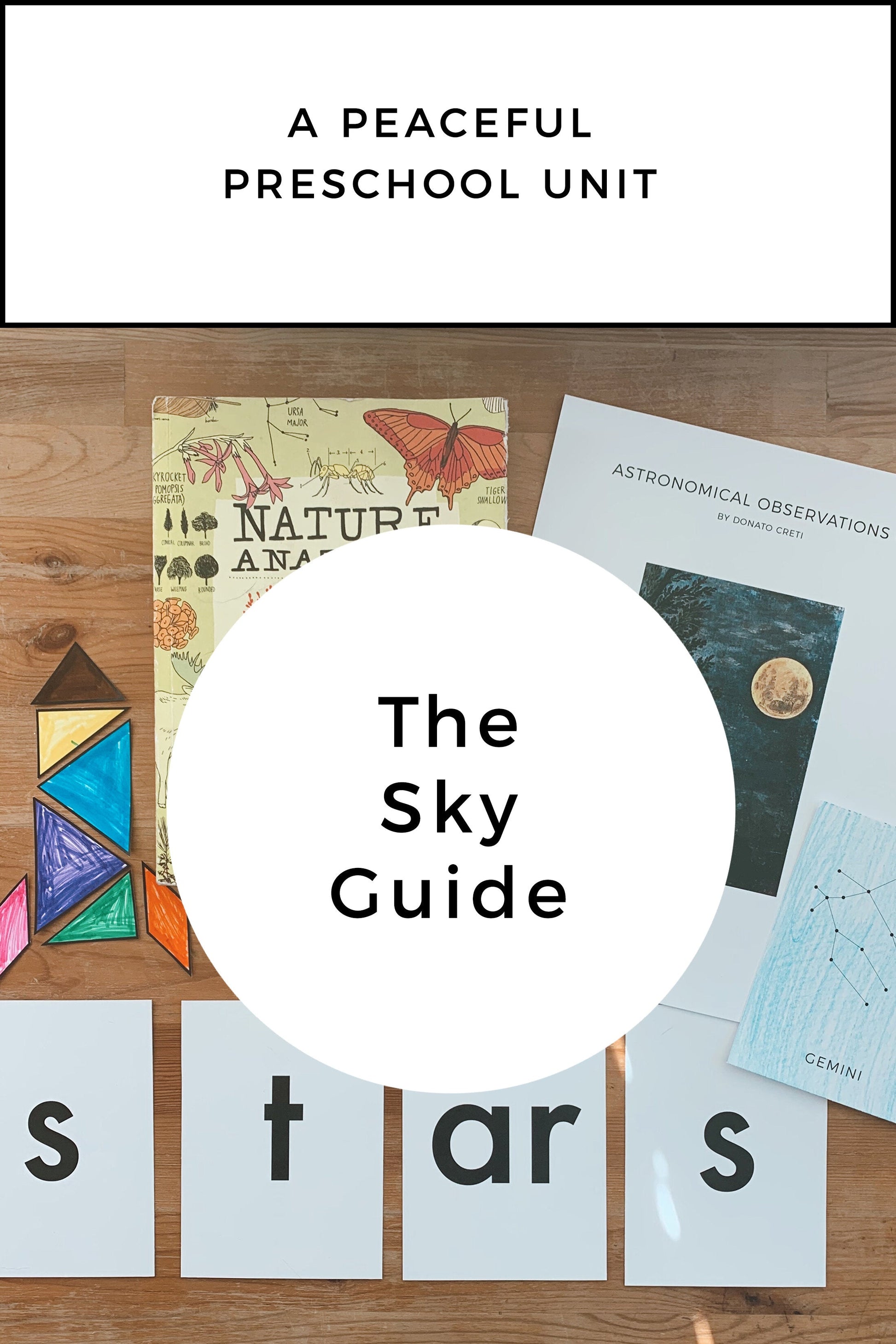 Cover art for kindergarten homeschool 4 week sky guide. Different homeschool supplies on a wooden table.