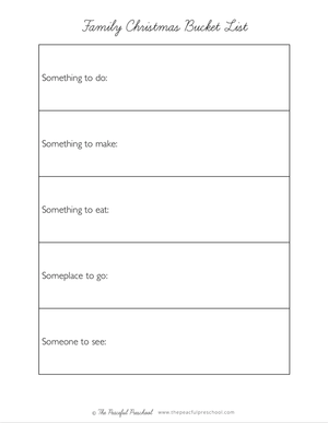 A homeschool sampe sheet, the Family Christmas Bucket List.