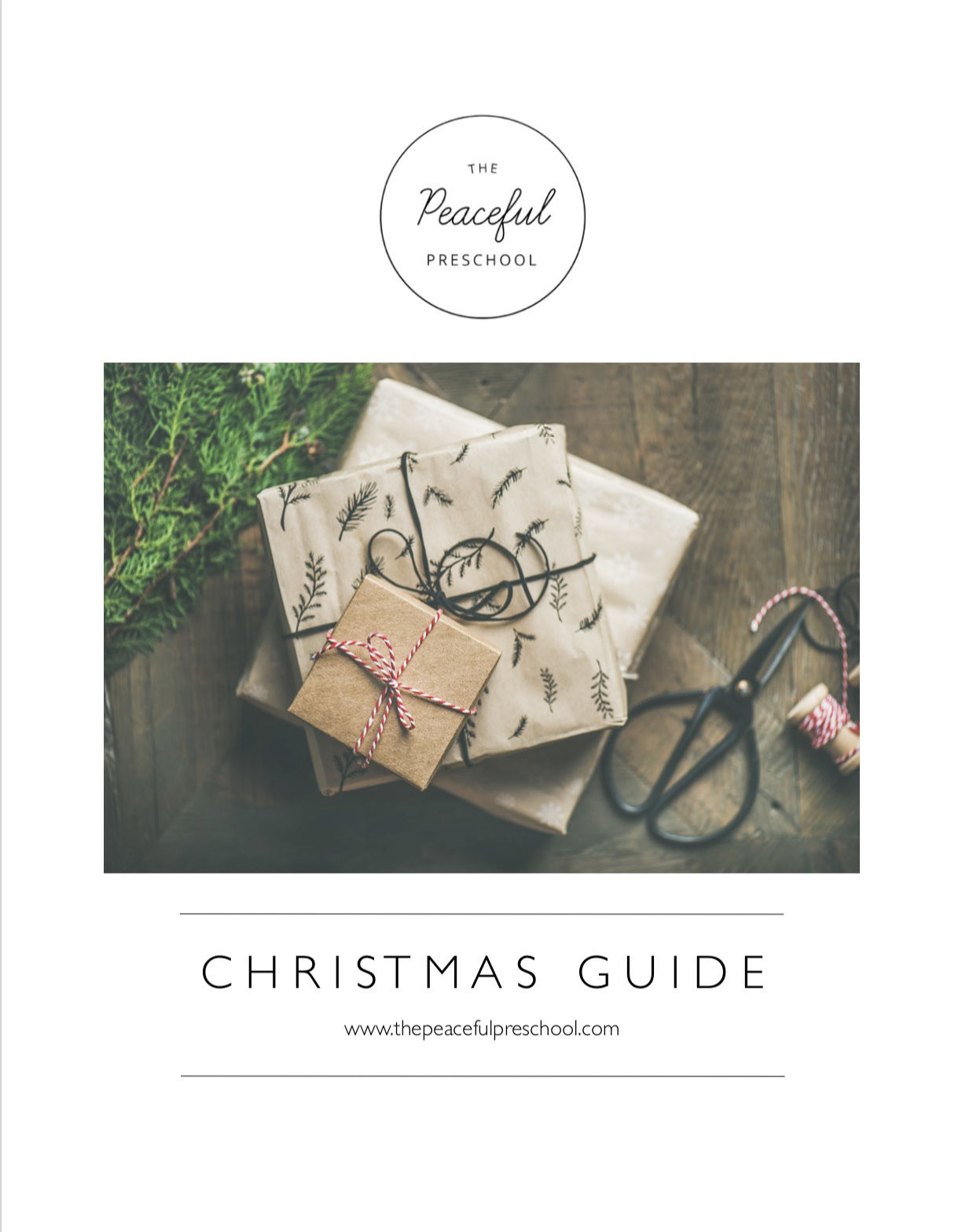 Cover art for the Christmas Guide, beautiful packages next too a pine branch, twine, and scissors.