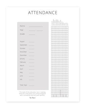 A sample attendance sheet from the Peaceful Press's homeschool planner.