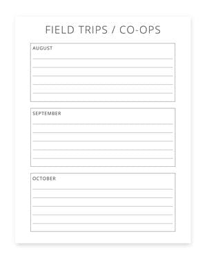 Field Trip and Co-Op schedule sheet from the homeschool planner.