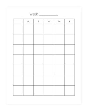 A sample blank week grid from the Peaceful Press's homeschool planner.