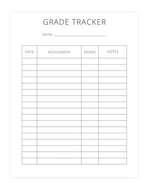 A grade tracker sample sheet from a homeschool planner, 