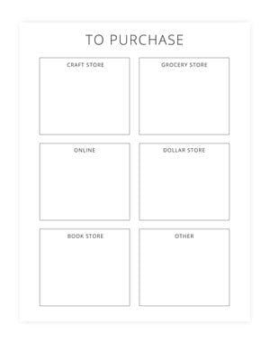 A sample shopping list organization sheet from the Peaceful Press's homeschool planner.