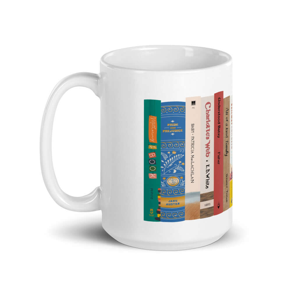 The Peaceful Preschool Mothering By The Book mug in white with a painting of a bookshelf with books on it.